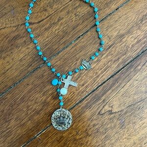 Turquoise Beaded Necklace with Crown and Cross Charms